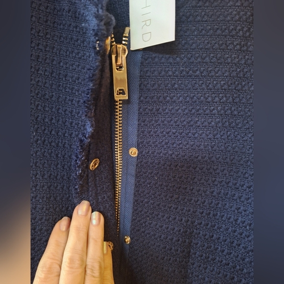 NWT One Third Navy Tweed Fringe Zip/Snap Collarless Jacket Womens size L - Picture 4 of 9